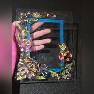 Hand-Painted Glass Floral & Butterfly Frame - Blue Accents